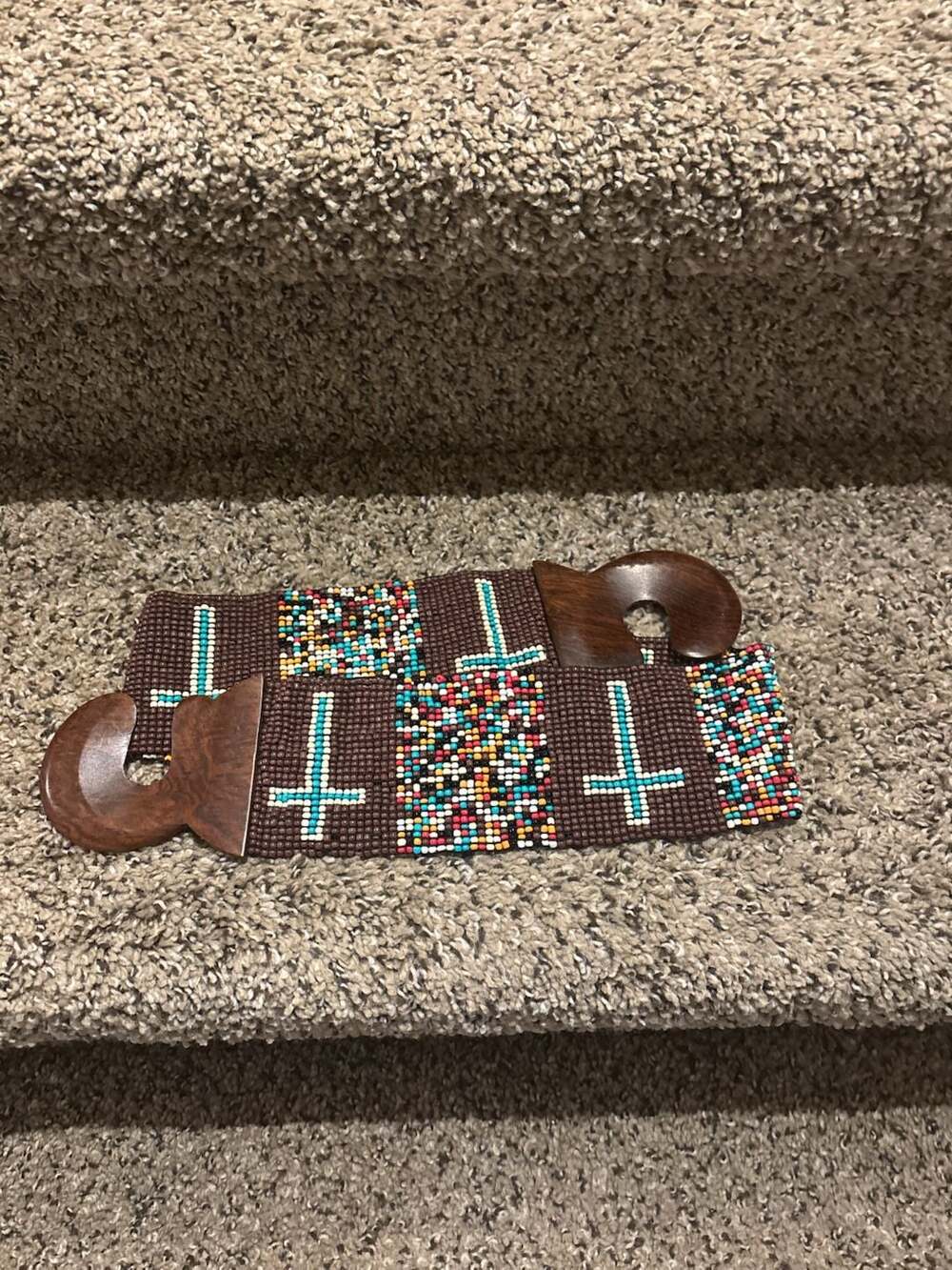 Vintage Southwestern Style Seed Bead Stretch Waist Belt with Wooden Clasp